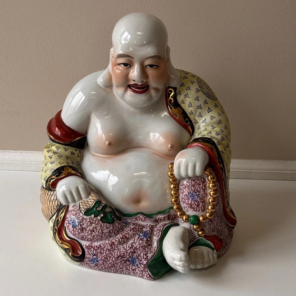 Vintage Hand-Painted Porcelain Laughing Buddha Statue in White and Multicolor - Picture 11 of 14